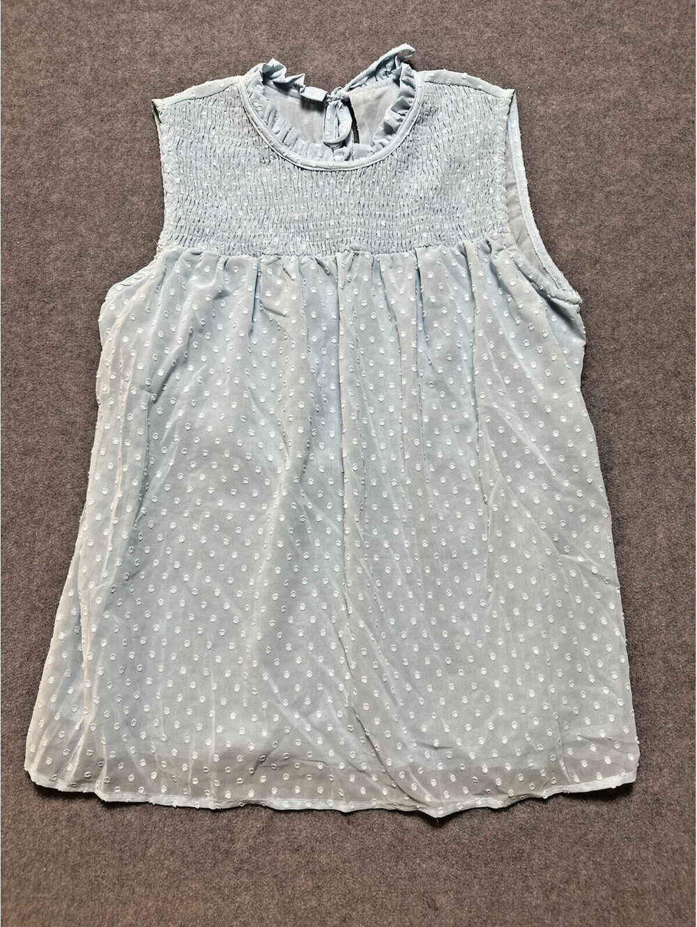 Women’s Light Blue Swiss Dot Sleeveless Blouse Size Small Ruffle Neck Top